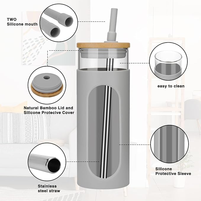Tronco 22oz Glass Tumbler with Bamboo Lid and Straw, Glass Cup For Boba,Iced Coffee,Smoothie, Spill Proof Glass Water Bottle With Silicone Protective Sleeve, Dishwasher Safe,BPA Free