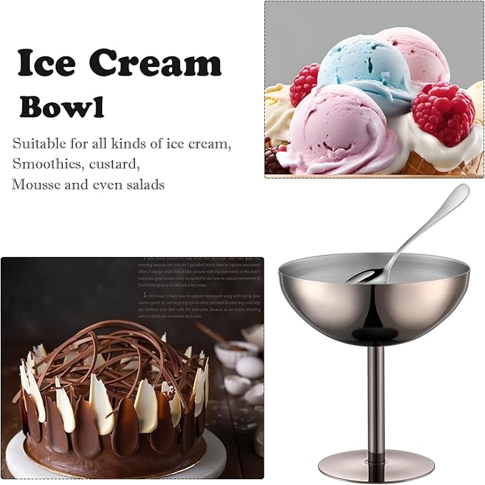 Ice Cream Bowls Stainless Steel Dessert Cups with Spoons Reusable Footed Sundae Cups Ice Cream Cups for Dessert, Frozen Yogurt, Gelato, Birthday Party Decorations (1, Black)