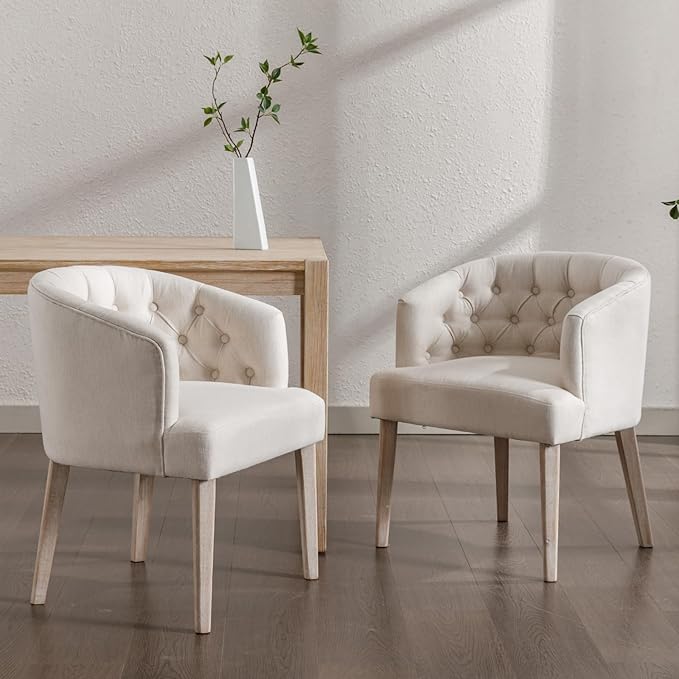 Mid-Century Dining Chairs Set of 4, Tufted Upholstered Linen Dining Room Chairs Comfy Side Chair Armchair Guest Chair with Wooden Legs for Dining Room Living Room, Beige