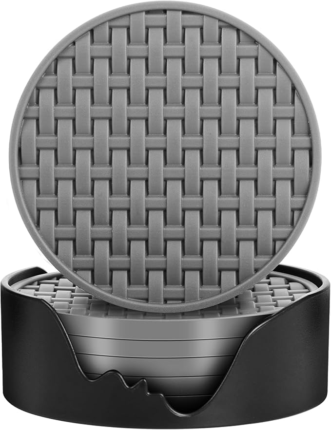 Gray Silicone Coasters with Holder, 4 Inches Non-Slip Heat Resistant Cup Mats, Decorative Waterproof Round Coaster Set of 6 for Home, Kitchen, Office, Bar, Coffee Table