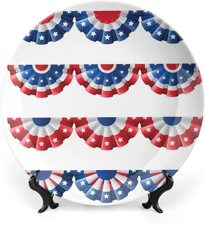 Ceramic Plates, American Flag Decor Decorative Ceramic Plates, Flag Round Bunting Election Ornament Pattern, 7 Inch, Household Plates Decorative, Blue Red