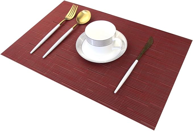 Placemats for Dining Table Washable Easy to Clean PVC Placemat Heat-resistand Woven Vinyl Wipe Clean Table Mats (placemats Set of 6, Bamboo Red)