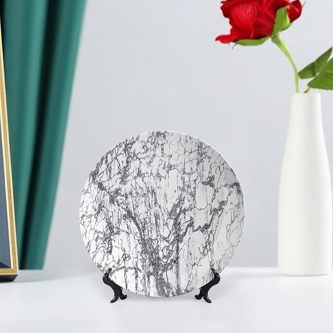 Ceramic Plates, Abstract Decorative Ceramic Plates, Murky Marble Rock Motifs Dynamic Fractal, 6 Inch, for Dining, Parties, Wedding, Grey White