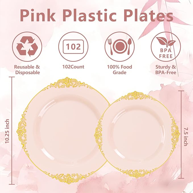 102PCS Pink Plastic Plates - Pink and Gold Plate - Heavyweight Disposable Plate with Gold Rim - Fancy Dinner & Dessert Plates for 51 Guests Weddings & Parties