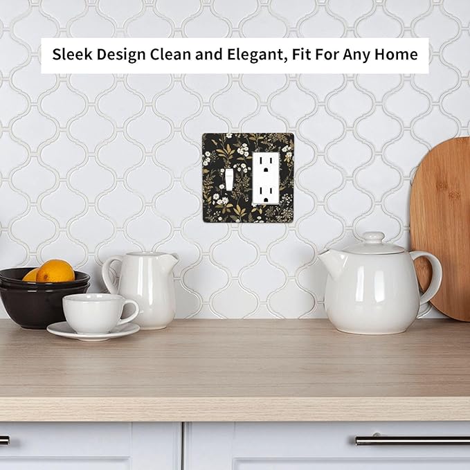 Light Switch Cover Black/Gold Boho Botanical Floral Rustic Flowers 2 Gang Toggle Rocker Combo Socket Cover Wall Plates Decorative Switch Plates and Outlet Covers for Bathroom Kitchen Decor