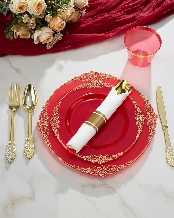 Goodluck 350 Piece Red Dinnerware Set for 50 Guests, Fancy Disposable Plates, Include: 100 Red Rim Plastic Plates, 150 Silverwares, 50 Pre Rolled Napkins, 50 Cups for Party, Wedding