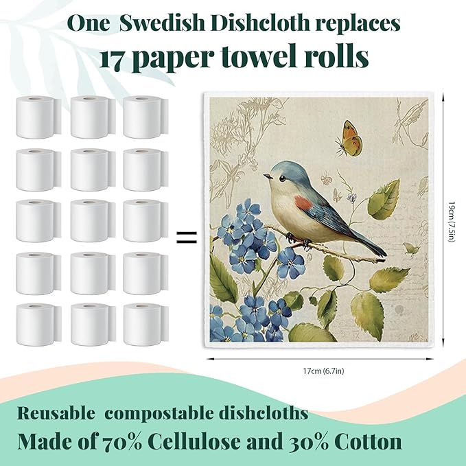 Bird Swedish Dishcloths for Kitchen, Swedish Dish Cleaning Cloths for Spring，Papaya Reusable Paper Towels, 4 Pack Dish Towels for Kitchen, Reusable Paper Dishcloths Washable