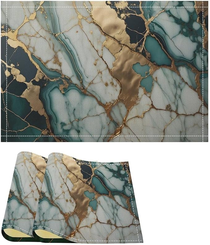 Marble Linen Placemats Set of 2, Modern Abstract Foil Texture White Green Gold Marble Washable Place Mats, Non Slip Placemat for Home Party Dining Tables Wedding Kitchen Banquets Decor 12x17 Inch
