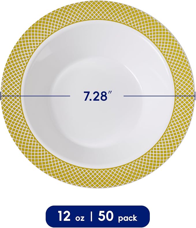 JOLLY CHEF 50 Pack Plastic Bowls with Gold Rim, 12 oz Disposable Soup Bowls, Heavy Duty Plastic Dinner Bowl for Weddings, Party, Dinners, Catering, Christmas and Everyday Use