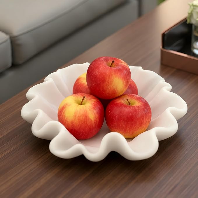 12" Large Handmade Decorative Bowl decor , Handicraft Scalloped Bowls for Modern Home Decor,Ruffle Decor,Key Bowl for Entry Table,Decorative Fruit Bowl for Kitchen Counter,Artificial Stone Milky White