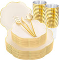 EI 180pcs Beige Plastic Plates with Gold Plastic Silverware,Heavy-Duty Disposable Plates for Party,Beige Dinnerware Set for 30 Guest Wedding,Afternoon Tea,Spring,Mother's Day,Valentine's Day,Easter