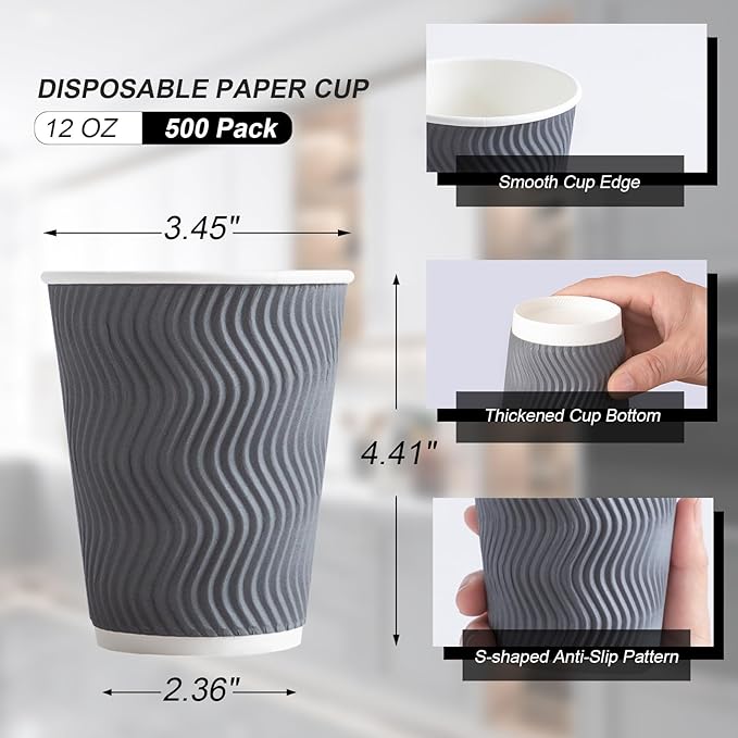 Lamosi 500 Count 12 oz Insulated Coffee Cups Bulk, Disposable Paper Cups No Lids 12oz, Corrugated Ripple Wall Design for Hot Beverage (Grey)