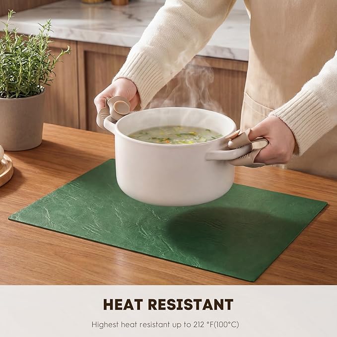 Artoid Mode Green Faux Leather Placemats Set of 4, 12x18 Inch Waterproof Wipeable Heat Resistant Vinyl Place Mats, Reversible Table Mats for St. Patrick's Day Dining Decor