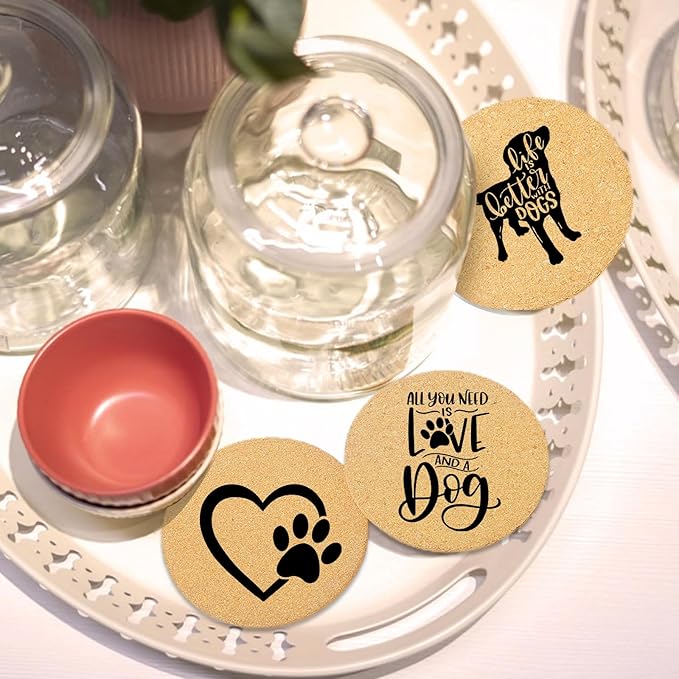 Coasters for Drinks with Set of 6, Cute Dog Coaster for New Home Couples House Warming Gifts Absorbent Paw Cork Wood Bulk for Cup Desk Coffee Table Office Kitchen Decor, Round 4"