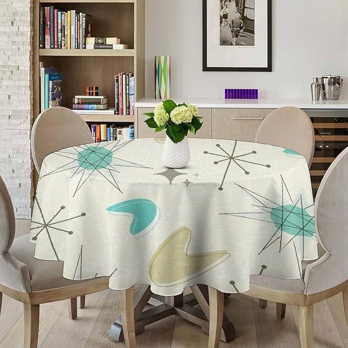 Mid Century Round Tablecloth, Modern Atomic Abstract Geometric Pattern Tablecloth for Home Party Dining Room Kitchen Decorm 60Inch(152cm)