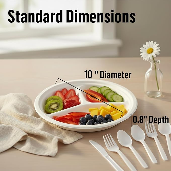 3 Compartment Compostable Heavy Duty Disposable Paper Plates, 75 Count | 10 Inch Round | Natural Bagasse, White Biodegradable Eco-Friendly School Lunch, Buffet, Party Sugarcane Tray