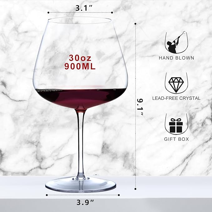 Super Large 30OZ Wine Glasses-Hand Blown Crystal Giant Wine Glasses, Big Burgundy Glasses Oversized, Red White Wine,Luxury, Elegant, Ideal Gift for Women,Men,Christmas,Anniversary,Birthday (Pack of 6)