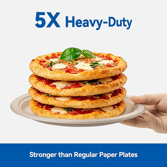9 Inch Heavy Duty Paper Plates 125 Pack – Sturdy Disposable Plates, Compostable Biodegradable Sugarcane & Bamboo Fiber, Natural Paper Plate for Dinner Camping Everyday Use