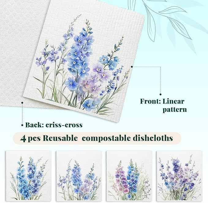 Spring Floral Swedish Dishcloths for Kitchen, Swedish Dish Cleaning Cloths for Lavender, Papaya Reusable Paper Towels, 4 Pack Dish Towels for Kitchen, Reusable Paper Dishcloths Washable