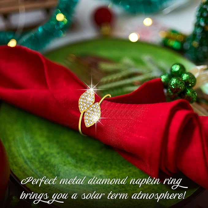 Hotop 500 Pcs Valentine's Day Napkin Rings Gold Table Decorations, Elegant Bling Leaves Napkin Rings, Rhinestone Guest Towels Buckle for Holiday Gather Party, Wedding Dinner Banquet Table Decoration