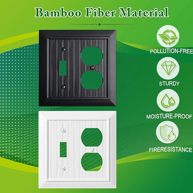 Beadboard Outlet Covers Wall Plates, Bamboo Fiber Light Switch Covers, Natural Material Electric Receptacle Decorative Switch Plate Outlet Cover Matte Black (2 Gang Toggle/Duplex 2 Pack)