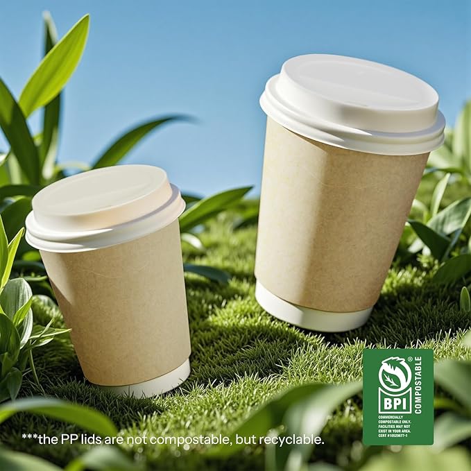 Disposable Coffee Cups with Lids 12 oz To Go Hot Cups,120 Pack Compostable Paper Cups with Lids, BPI Certified PLA Coated Natural Kraft Insulated Disposable Cups for Togo Office Coffee Bar Travel Home