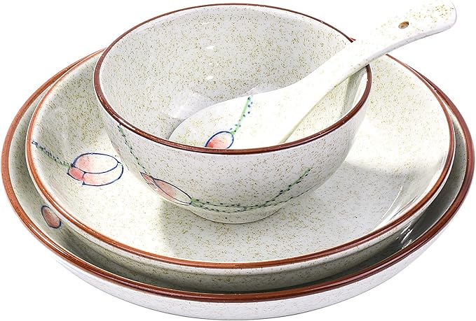 4-Piece Ceramic Dinnerware Set, Plate, Dish, Bowl, Spoon, Japanese Hand-painted Tableware set, A Good Tableware
