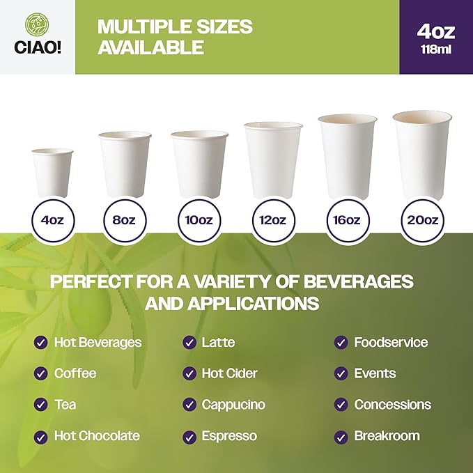 CIAO! 4oz White Paper Hot Cup, Disposable, 63mm Diameter 2,000 Count