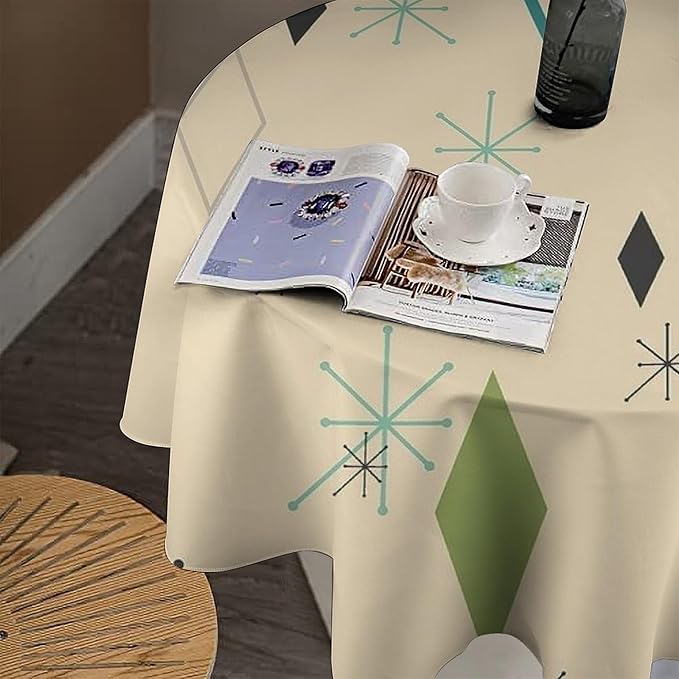 Colorful Middle Century Round Tablecloth, Vintage Bohemian Mid Century Modern Retro Print Tablecloth for Home Party Dining Room Kitchen Decor 70Inch(178cm)