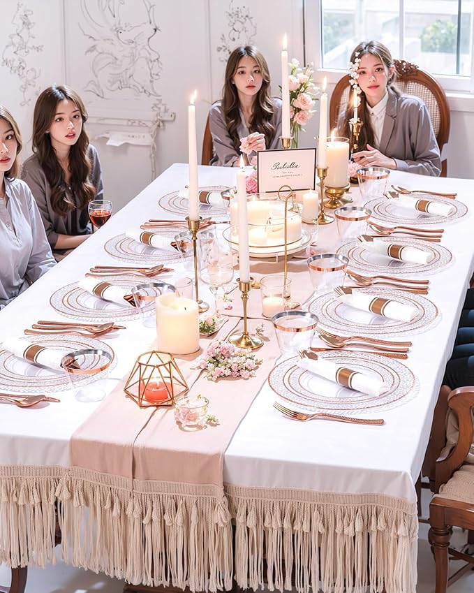 Ciaell 350PCS Rose Gold Plastic Plates - Clear Rose Gold Disposable Plates with Plastic Silverware include 100Plates, 150Silverware, 50Cups, 50Napkins for Wedding & Party & Valentine's Day