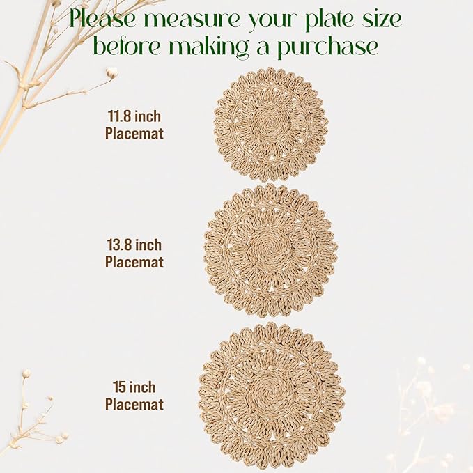 13.8" Corn Husk Woven Round Placemats Set of 6 - Wicker Boho Farmhouse Placemats - Rattan Table Mats for Dining Table, Wedding, Home
