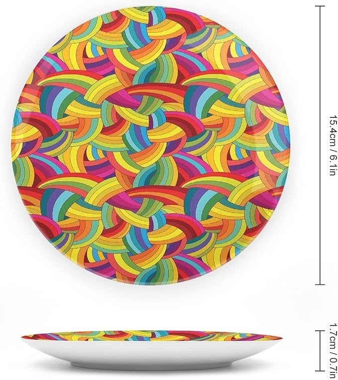 Decorative Plates, Abstract Decor Print Ornament, Colorful Rainbows Wheels Spiral Wavy Fashionable, 7 Inch, 1 Plate with 1 Display Stand, Multy