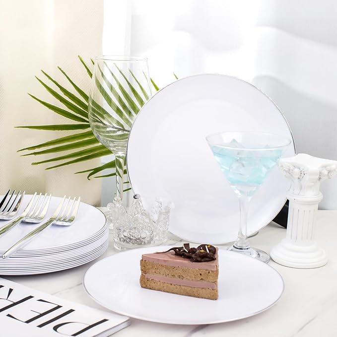 Rubtlamp 100Pcs Plastic Dessert Plates 7.5inch,100Pcs Disposable Silver Forks,White Plastic Plates With Silver Rim, Small Plastic Plates,Dessert Plates With Forks for Appetizer Cake