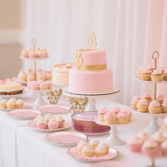 DaYammi 240Pcs Pink Plastic Plates Including 120Pcs Pink Dessert Plates and 120Pcs Gold Plastic Forks,Hammered Party Plate,pink and Gold Appetizer plates Heavy duty Disposable Cake Plate for Party