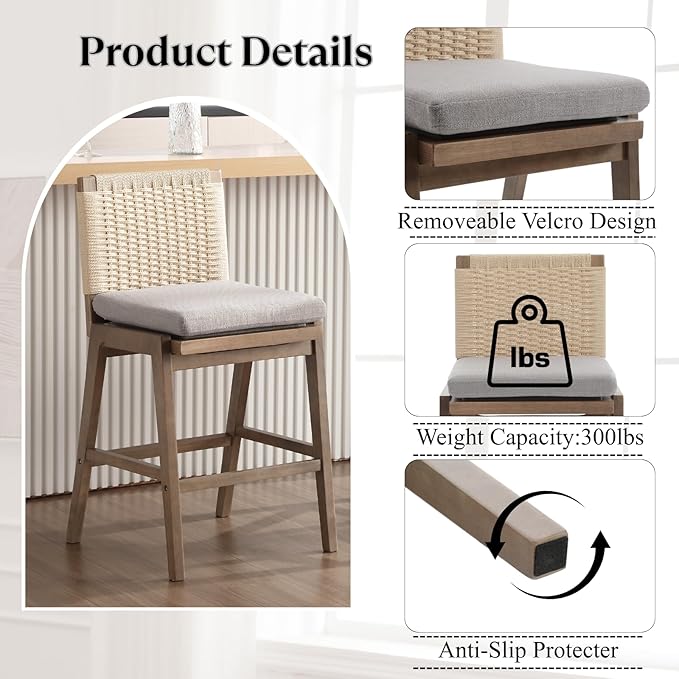 Mid Century Modern Counter Height Barstools Set of 6, 27” Linen Upholstered Counter Stools with Rope Woven Back Wooden Farmhouse Bar Stools for Kitchen Island Dining Room,Grey