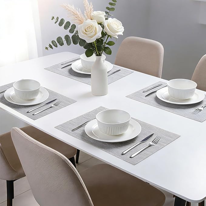 Timeet Placemats Set of 6, Heat Resistant Non-Slip Place Mats for Dining Table, Durable Washable PVC Vinyl Woven Table Mats, Linen Textured Placemats for Kitchen Resistant Easy to Clean(Gray