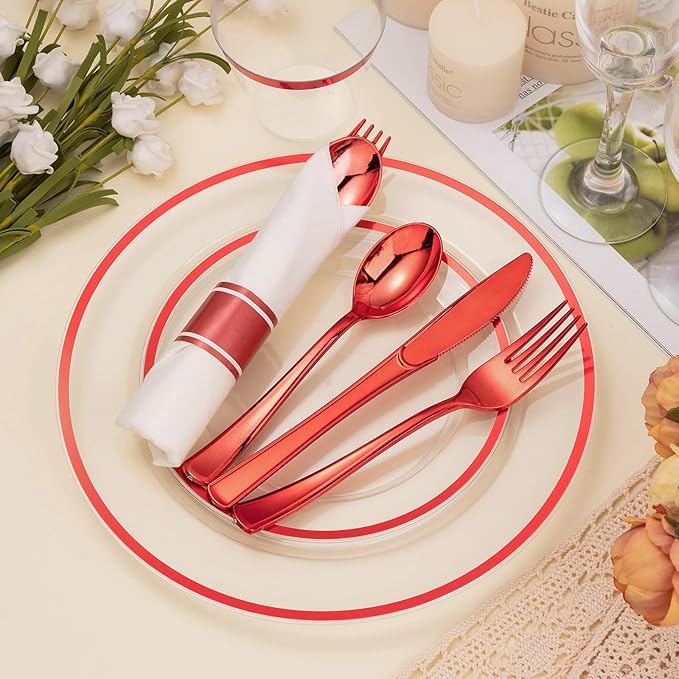 BESTSTAR 175PCS Clear and Red Disposable Plates Set for 25 Guests, 50 Plastic Plates, 25 Cups, 25 Pre-Rolled Napkins with Plastic Cutlery for Party, Birthday, Thanksgiving, Halloween, Christmas