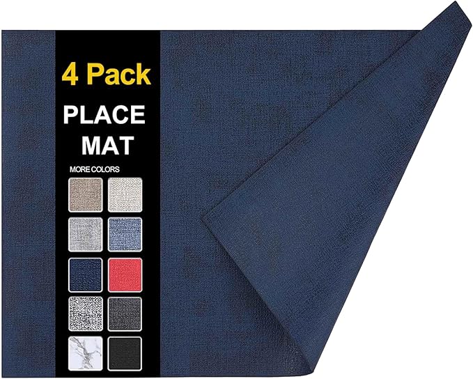 homing Faux Leather Heat Resistant Placemats 4 Packs, Waterproof Wipeable Dining PU Place Mats for Indoor & Outdoor, Easy to Clean, Dark Navy Blue