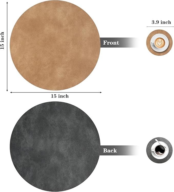 Round Placemats and Coasters Set of 6, Washable Reversible Faux Leather Placemats Cowhide Pattern Place Mats Wipeable Non-Slip 15 inch Round Kitchen Dining Table Mats (Gray Tan, 6)
