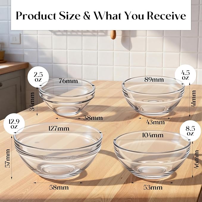 LemonRoad 20 Pcs Glass Prep Bowls Sets 4 Sizes 2.5/4.5/8.5/12.9 oz Cooking Clear Small Prep Pinch Bowls Mini Stackable for Toppings, Kitchen, Salt, Spices, Dipping, Baking & Meal