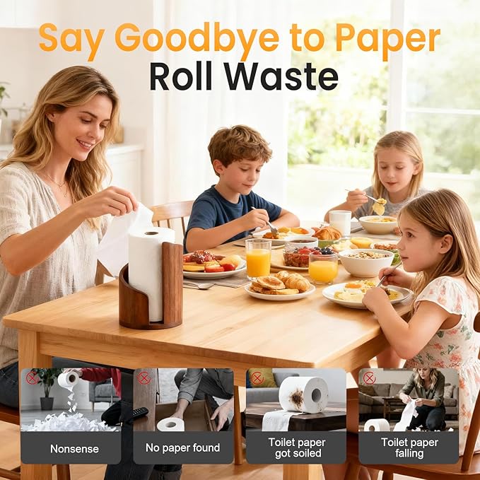 Mountain Paper Towel Holder Countertop, 2026 Upgrade 100% Natural Mango Wood Round Base and Iron Holder, Wooden Paper Towel Holder for Kitchen Roll Organize Dining Table Home Decor (Wood)