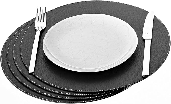 Nikalaz Round Placemats Set (Pack of 4) Recycled Leather Table Mats 15 inches, Kitchen Dining Table Decor by Nikalaz (Black)