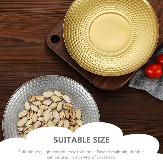 Vintage Hammered Stainless Steel Fruit Tray, Round Textured Metal Dessert Plate for Outdoor Camping and Party Serving, Creative Japanese Style Diamond Pattern