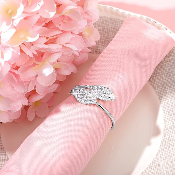Hotop 12 Piece Silver Holiday Napkin Rings Set Silver Bling Winter Napkin Rings Bulk Metal Leaves Holders Rhinestone Buckle for Wedding Christmas Dinner Gather Party Prom Table Decoration