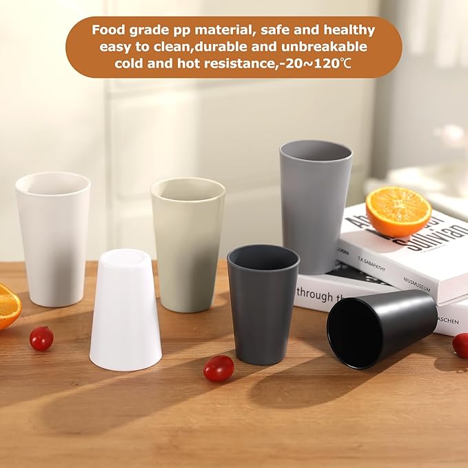 24 Pcs Unbreakable Plastic Cups Set, 12 Pcs 14 oz and 12 Pcs 20 oz Reusable Plastic Cups, Stackable Water Tumblers, Drinking Cup for Kitchen, BPA-free, Dishwasher and Microwave Safe, 6 Colors