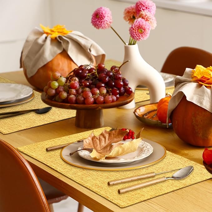 Homaxy Cloths Placemats for Dining Table Set of 6, Heat Resistant Washable Cotton Linen Blend Table Mats, Place Mats for Indoor Outdoor Party Kitchen Decoration, 13" x 19", Mustard Yellow