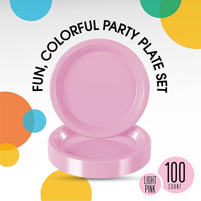 Pink Plastic Plates For Party 7" Pink Disposable Plates Heavy Duty 100 Pcs Plastic Dinnerware Sets Heavy Duty 350 GSM Disposable Dinnerware Set