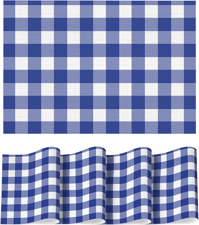 Artoid Mode Buffalo Plaid Vinyl Placemats Set of 4, 12x18 Inch Washable Non-Slip Heat Resistant Plastic Place Mats for Party Dining Table, Naxy Blue/White