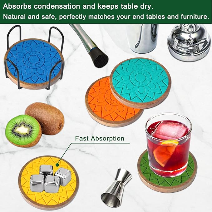 Coasters for Drinks Absorbent 5 Pack, Coasters for Coffee Table with Holder, Non-Slip, Non-Stick, Suit for Kinds of Cups 4.3 inch Colorful