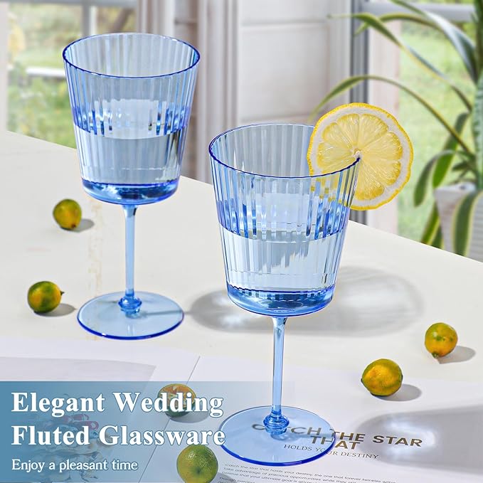 24 PCS Blue Ribbed Plastic Wine Glasses 13.5 OZ Ribbed Wine Glasses Detachable Wine Glass Elegant Fluted Glassware Vintage Style for Wedding Anniversary Birthday Dinner Parties(Blue, 24 Pack)